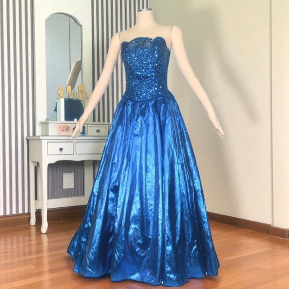 Vintage 80s Prom Formal Maxi Dress Metallic Blue and Sequins Glam Mike Benet M L - Picture 1 of 11